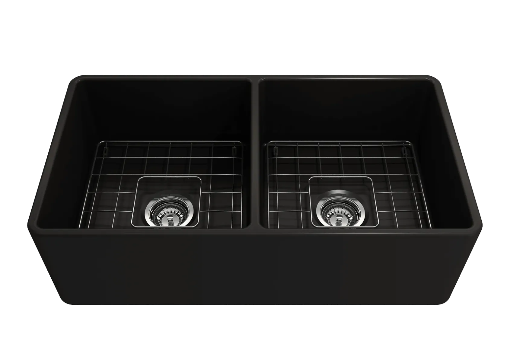BOCCHI Classico 33" Matte Black Fireclay Farmhouse Sink Kit with Matte Black Faucet and Accessories, 50/50 Double Bowl, 1139-004-2020MB