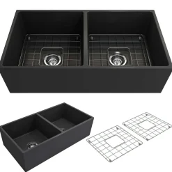 BOCCHI Contempo 36" Fireclay Farmhouse Apron 50/50 Double Bowl Kitchen Sink, Matte Dark Gray, 1350-020-0120