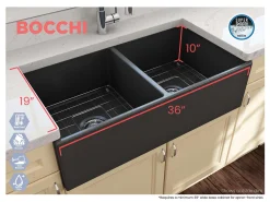 BOCCHI Contempo 36" Fireclay Farmhouse Apron 50/50 Double Bowl Kitchen Sink, Matte Dark Gray, 1350-020-0120