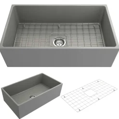 BOCCHI Contempo 33" Fireclay Farmhouse Apron Single Bowl Kitchen Sink, Matte Gray, 1352-006-0120