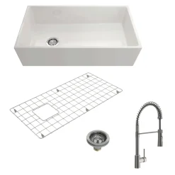 BOCCHI Contempo 36" Fireclay Farmhouse Sink Kit with Faucet and Accessories, White (sink) / Stainless Steel (faucet), 1354-001-2020SS