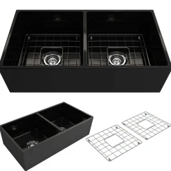 BOCCHI Contempo 36" Fireclay Farmhouse Apron 50/50 Double Bowl Kitchen Sink, Matte Black, 1350-004-0120
