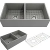 BOCCHI Contempo 36" Fireclay Farmhouse Apron 50/50 Double Bowl Kitchen Sink, Matte Gray, 1350-006-0120