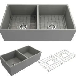 BOCCHI Contempo 36" Fireclay Farmhouse Apron 50/50 Double Bowl Kitchen Sink, Matte Gray, 1350-006-0120
