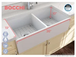 BOCCHI Contempo 36" Fireclay Farmhouse Apron 50/50 Double Bowl Kitchen Sink, Matte White, 1350-002-0120