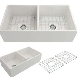 BOCCHI Contempo 36" Fireclay Farmhouse Apron 50/50 Double Bowl Kitchen Sink, White, 1350-001-0120