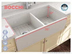 BOCCHI Contempo 36" Fireclay Farmhouse Apron 50/50 Double Bowl Kitchen Sink, Biscuit, 1350-014-0120