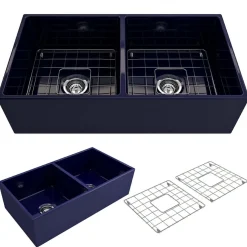 BOCCHI Contempo 36" Fireclay Farmhouse Apron 50/50 Double Bowl Kitchen Sink, Sapphire Blue, 1350-010-0120