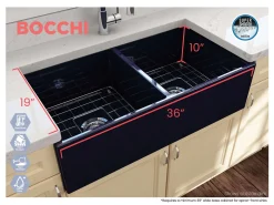 BOCCHI Contempo 36" Fireclay Farmhouse Apron 50/50 Double Bowl Kitchen Sink, Sapphire Blue, 1350-010-0120
