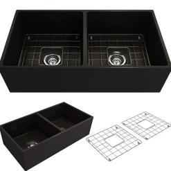 BOCCHI Contempo 36" Fireclay Farmhouse Apron 50/50 Double Bowl Kitchen Sink, Black, 1350-005-0120