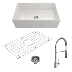 BOCCHI Contempo 33" Fireclay Farmhouse Sink Kit with Faucet and Accessories, White (sink) / Chrome (faucet), 1352-001-2020CH