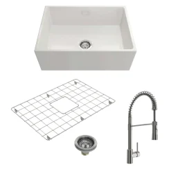 BOCCHI Contempo 27" Fireclay Farmhouse Sink Kit with Faucet and Accessories, White (sink) / Stainless Steel (faucet), 1356-001-2020SS