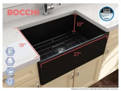 BOCCHI Contempo 27" Fireclay Farmhouse Sink Kit with Faucet and Accessories, Matte Black (sink) / Matte Black (faucet), 1356-004-2020MB