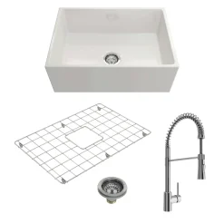 BOCCHI Contempo 27" Fireclay Farmhouse Sink Kit with Faucet and Accessories, White (sink) / Chrome (faucet), 1356-001-2020CH