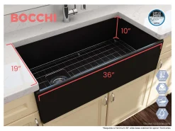 BOCCHI Contempo 36" Fireclay Farmhouse Apron Single Bowl Kitchen Sink, Matte Black, 1354-004-0120