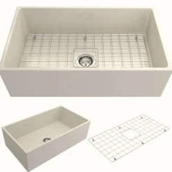 BOCCHI Contempo 33" Fireclay Farmhouse Apron Single Bowl Kitchen Sink, Biscuit, 1352-014-0120