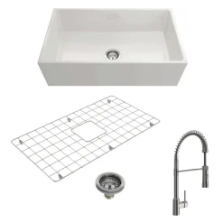 BOCCHI Contempo 33" Fireclay Farmhouse Sink Kit with Faucet and Accessories, White (sink) / Stainless Steel (faucet), 1352-001-2020SS
