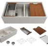BOCCHI Contempo 36" Fireclay Workstation Farmhouse Sink with Accessories, 50/50 Double Bowl, Biscuit, 1348-014-0120