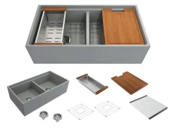 BOCCHI Contempo 36" Fireclay Workstation Farmhouse Sink with Accessories, 50/50 Double Bowl, Matte Gray, 1348-006-0120