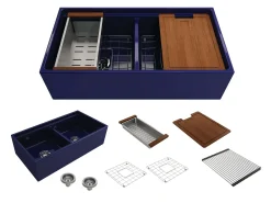 BOCCHI Contempo 36" Fireclay Workstation Farmhouse Sink with Accessories, 50/50 Double Bowl, Sapphire Blue, 1348-010-0120