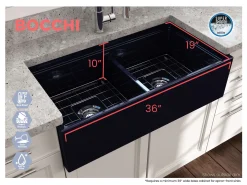 BOCCHI Contempo 36" Fireclay Workstation Farmhouse Sink with Accessories, 50/50 Double Bowl, Sapphire Blue, 1348-010-0120