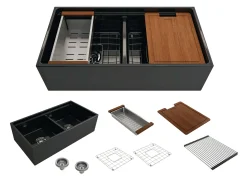BOCCHI Contempo 36" Fireclay Workstation Farmhouse Sink with Accessories, 50/50 Double Bowl, Black, 1348-005-0120