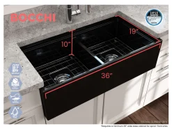 BOCCHI Contempo 36" Fireclay Workstation Farmhouse Sink with Accessories, 50/50 Double Bowl, Black, 1348-005-0120