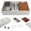BOCCHI Contempo 36" Fireclay Workstation Farmhouse Sink with Accessories, 50/50 Double Bowl, White, 1348-001-0120