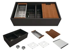 BOCCHI Contempo 36" Fireclay Workstation Farmhouse Sink with Accessories, 50/50 Double Bowl, Matte Black, 1348-004-0120