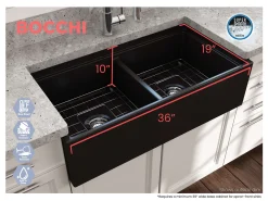 BOCCHI Contempo 36" Fireclay Workstation Farmhouse Sink with Accessories, 50/50 Double Bowl, Matte Black, 1348-004-0120