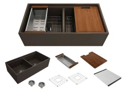BOCCHI Contempo 36" Fireclay Workstation Farmhouse Sink with Accessories, 50/50 Double Bowl, Matte Brown, 1348-025-0120