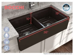 BOCCHI Contempo 36" Fireclay Workstation Farmhouse Sink with Accessories, 50/50 Double Bowl, Matte Brown, 1348-025-0120