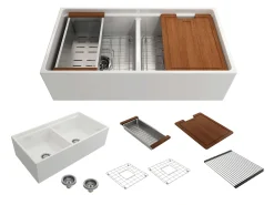 BOCCHI Contempo 36" Fireclay Workstation Farmhouse Sink with Accessories, 50/50 Double Bowl, Matte White, 1348-002-0120