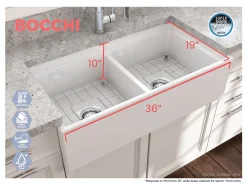 BOCCHI Contempo 36" Fireclay Workstation Farmhouse Sink with Accessories, 50/50 Double Bowl, Matte White, 1348-002-0120