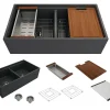 BOCCHI Contempo 36" Fireclay Workstation Farmhouse Sink with Accessories, 50/50 Double Bowl, Matte Dark Gray, 1348-020-0120