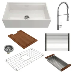 BOCCHI Contempo 33" Fireclay Workstation Farmhouse Sink Kit with Faucet and Accessories, White (sink) / Chrome (faucet), 1504-001-2020CH