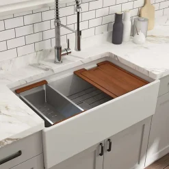 BOCCHI Contempo 33" Fireclay Workstation Farmhouse Sink with Accessories, Matte White, 1504-002-0120