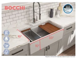 BOCCHI Contempo 33" Fireclay Workstation Farmhouse Sink with Accessories, Matte White, 1504-002-0120