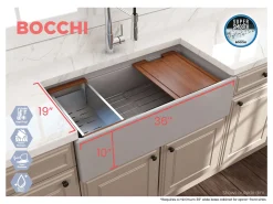 BOCCHI Contempo 36" Fireclay Workstation Farmhouse Sink with Accessories, Matte Gray, 1505-006-0120