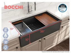 BOCCHI Contempo 36" Fireclay Workstation Farmhouse Sink with Accessories, Matte Dark Gray, 1505-020-0120