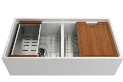 BOCCHI Contempo 36" White Fireclay Workstation Farmhouse Sink Kit with Stainless Steel Faucet and Accessories, 50/50 Double Bowl, 1348-001-2020SS