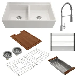 BOCCHI Contempo 36" White Fireclay Workstation Farmhouse Sink Kit with Chrome Faucet and Accessories, 50/50 Double Bowl, 1348-001-2020CH