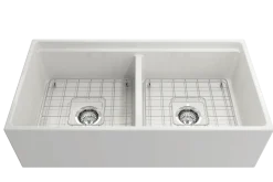 BOCCHI Contempo 36" White Fireclay Workstation Farmhouse Sink Kit with Chrome Faucet and Accessories, 50/50 Double Bowl, 1348-001-2020CH