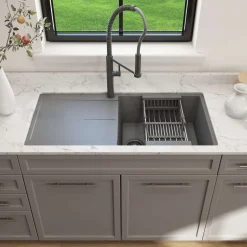 BOCCHI Levanzo 39" Dual Mount Granite Kitchen Sink Kit, Concrete Gray, Includes Drainboard, 1635-506-0120