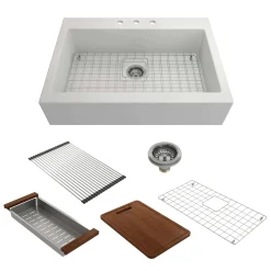 BOCCHI Nuova 34" Fireclay Farmhouse Sink Kit with Accessories, White, 1500-001-KIT1