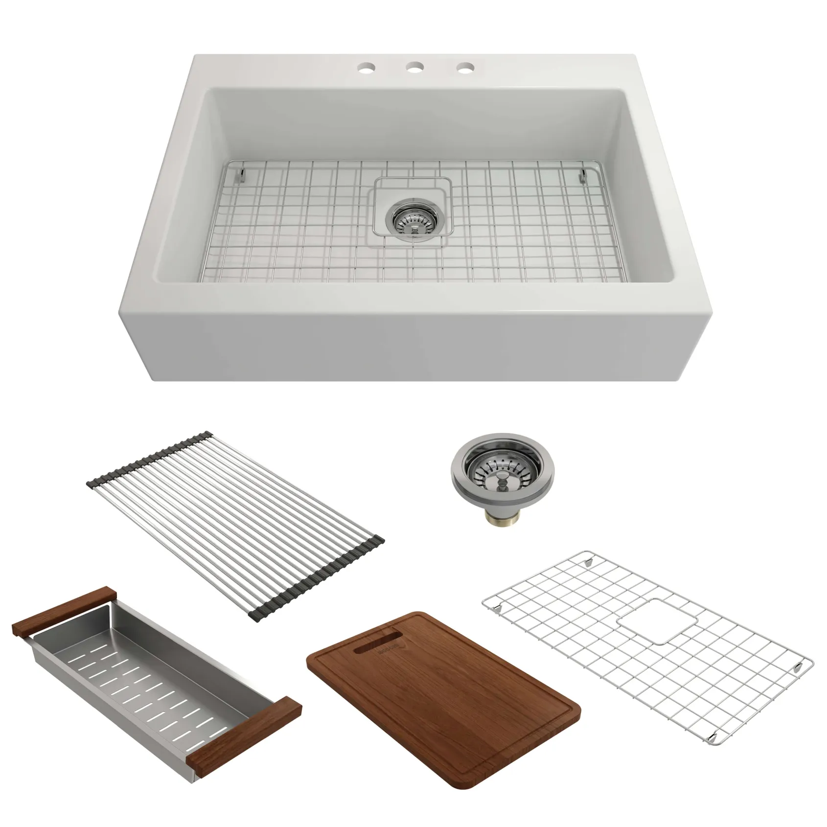 BOCCHI Nuova 34" Fireclay Farmhouse Sink Kit with Accessories, White, 1500-001-KIT1