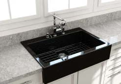 BOCCHI Nuova 34" Fireclay Retrofit Drop-In Farmhouse Sink with Accessories, Black, 1500-005-0127