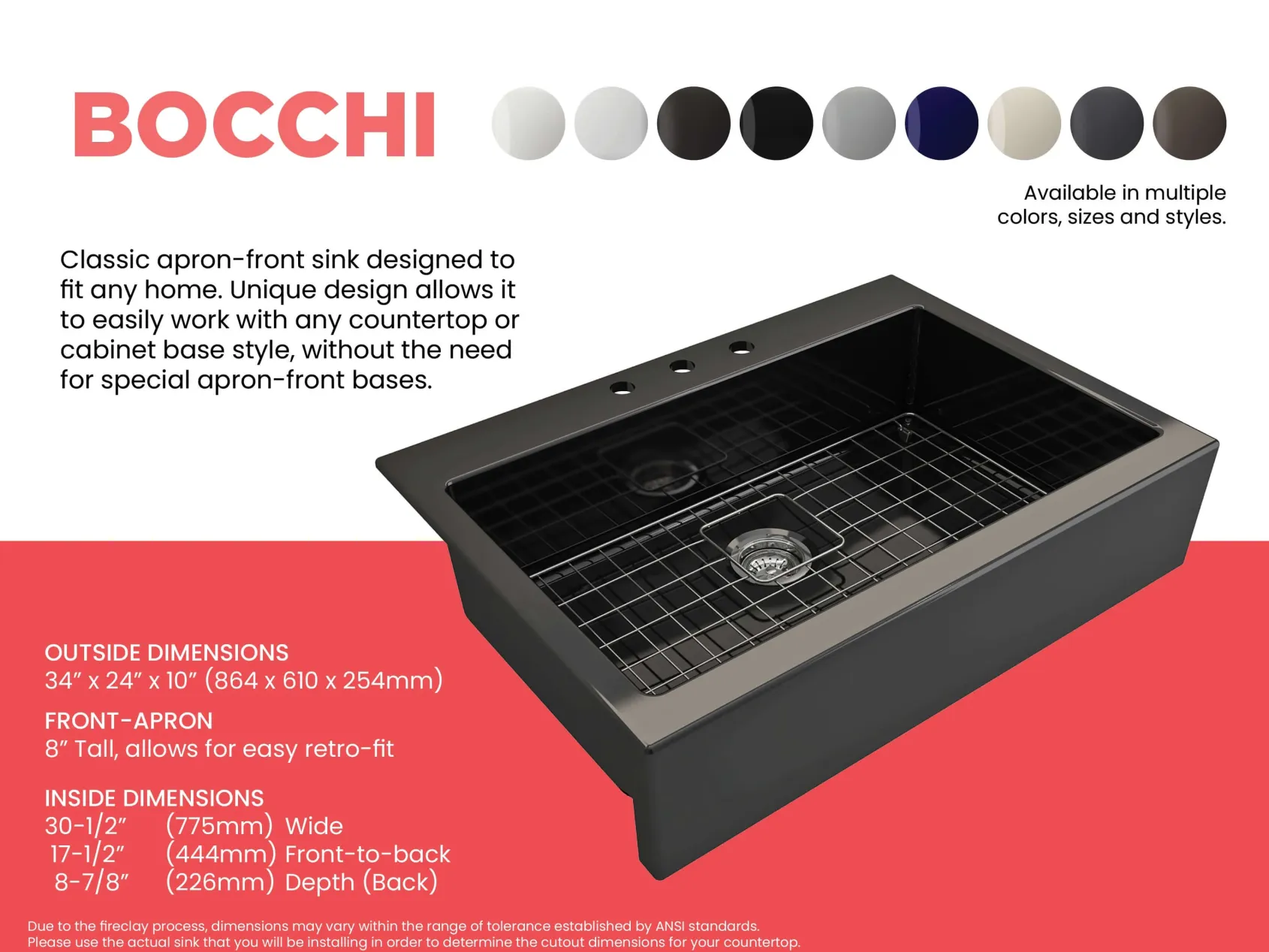 BOCCHI Nuova 34" Fireclay Retrofit Drop-In Farmhouse Sink with Accessories, Black, 1500-005-0127