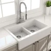 BOCCHI Nuova 34" Fireclay Retrofit Drop-In Farmhouse Sink with Accessories, 50/50 Double Bowl, White, 1501-001-0127