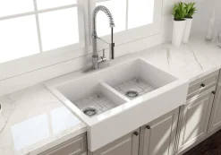 BOCCHI Nuova 34" Fireclay Retrofit Drop-In Farmhouse Sink with Accessories, 50/50 Double Bowl, White, 1501-001-0127